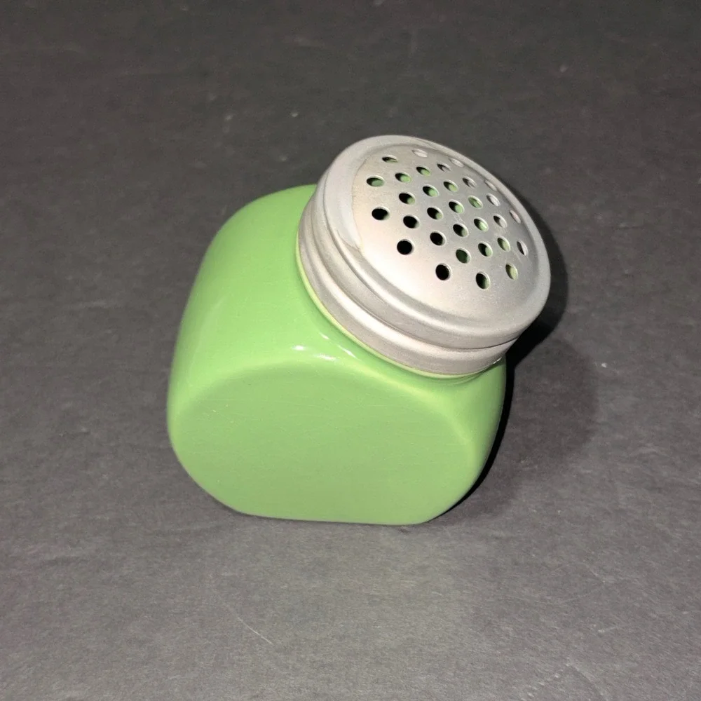 Vtg Retro Green Ceramic Slanted Spice Shaker Sugar Dispenser Metal Lid 1638444